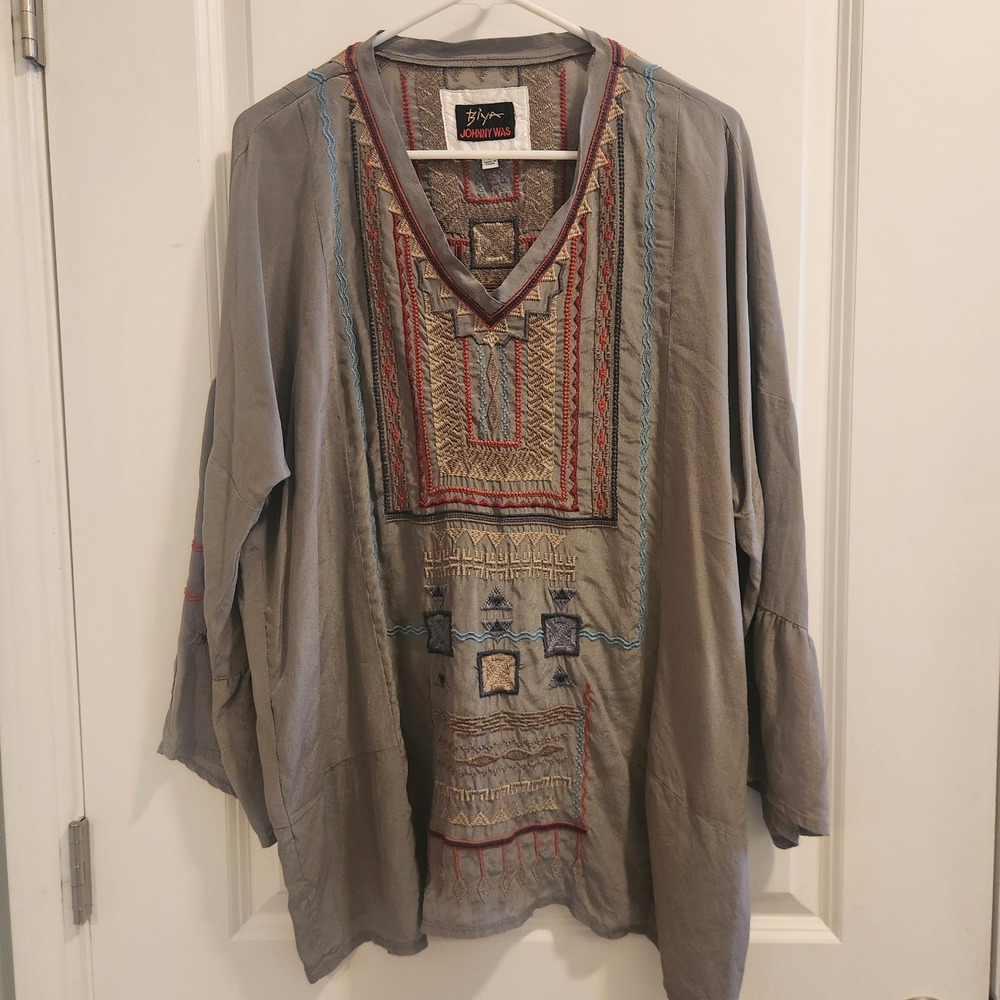 Biya Johnny Was Silk Embroidered Tunic Blouse Grey Boho V-Neck B15719F9 Small